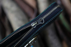 Handmade Tan Leather Tibetan Totem Long Wallet Cool Zipper Biker Wristlet Wallet for Men