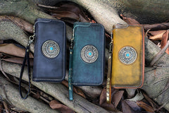Handmade Leather Tibetan Totem Long Wallet Cool Zipper Clutch Wristlet Wallet for Men
