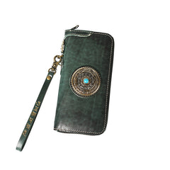 Handmade Black Leather Tibetan Totem Long Wallet Cool Zipper Clutch Wristlet Wallet for Men