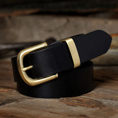 Handmade Black Leather Belt Minimalist Mens Brass Black Leather Belt for Men