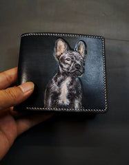 Handmade Mens Leather billfold Wallet Bulldog Dog Tooled Leather Bifold Wallet Slim Wallet for Men