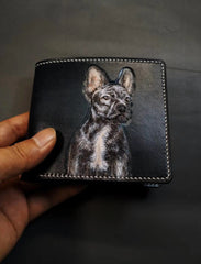 Handmade Mens Leather billfold Wallet Bulldog Dog Tooled Leather Bifold Wallet Slim Wallet for Men