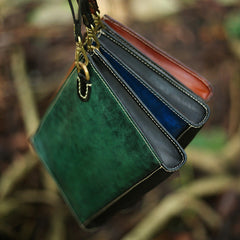 Handmade Blue Leather Clutch Wristlet Bag Wallet Zipper Large Clutch Wristlet Wallet for Men