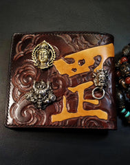 Handmade Leather Avalokitesvara Tooled Mens billfold Wallet Cool Leather Wallet Slim Wallet for Men