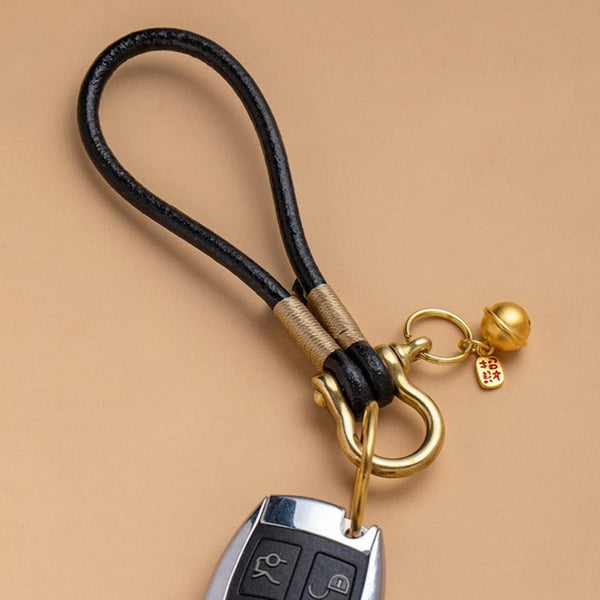 Handmade Black Leather Keychain Brass Key Holder with Bell Leather Moto Key Chain Key Ring for Men