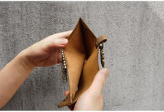Handmade Brown Leather Mens Billfold Wallet Key Wallets Slim Trifold Key Holder Wallet for Men