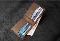 Handmade Leather Mens Billfold Wallets Slim Brown Bifold Small Wallet for Men