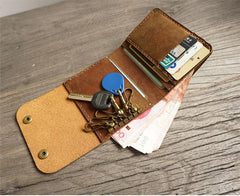 Handmade Leather Mens Trifold Billfold Wallet Key Wallet Brown Slim Key Holder Wallet for Men