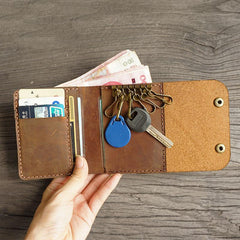 Handmade Leather Mens Trifold Billfold Wallet Key Wallets Brown Slim Key Holder Wallet for Men