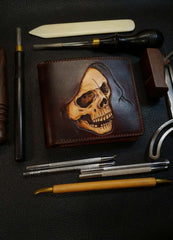 Handmade Leather Skull Tooled Mens Billfold Wallet Death Leather Wallet Slim Wallet for Men