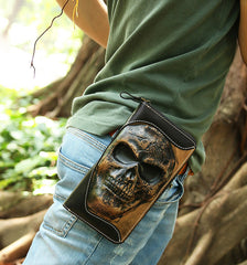 Handmade Leather Tooled Relief Skull Long Wallet Cool Skull Zipper Clutch Wristlet Wallet for Men