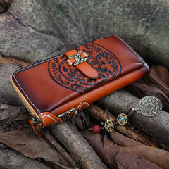 Handmade Leather Tooled Tibetan Totem Long Wallet Cool Zipper Clutch Wristlet Wallet for Men