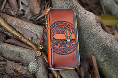 Handmade Leather Tooled Tibetan Totem Long Wallet Cool Zipper Clutch Wristlet Wallet for Men