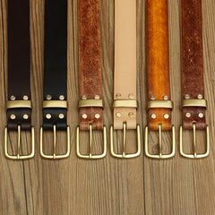 Handmade Mens Black Leather Brass Belt Minimalist Brass Leather Belt for Men