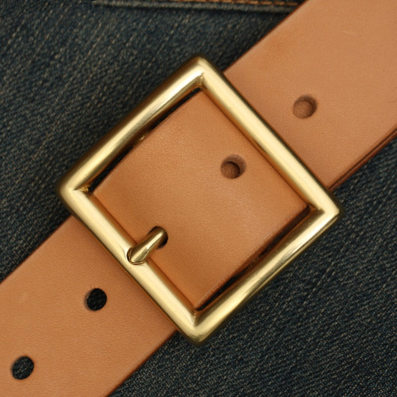 Handmade Mens Beige Leather Square Buckle Brass Belts Minimalist Leather Brass Belt for Men