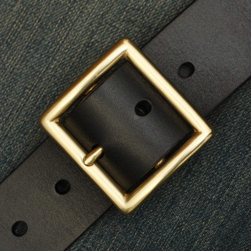 Handmade Mens Black Leather Square Buckle Brass Belts Minimalist Leather Brass Belt for Men - Front View