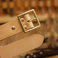 Handmade Mens Beige Leather Square Buckle Brass Belts Minimalist Leather Brass Belt for Men
