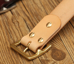 Handmade Mens Tan Leather Square Buckle Brass Belts Minimalist Leather Brass Belt for Men