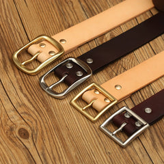 Handmade Mens Coffee Leather Square Buckle Silver Belts Minimalist Leather Silver Belt for Men