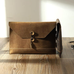 Handmade Black Mens Clutch A4 Envelope File Bag Personalized Black Leather Folder Purse for Men