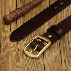 Handmade Mens Brown Leather Brass Belts Minimalist Leather Brass Belt for Men Women