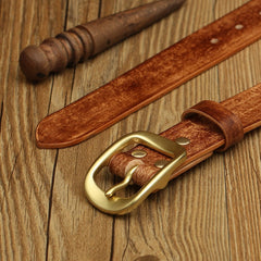 Handmade Mens Coffee Leather Brass Belts Minimalist Leather Brass Belt for Men Women