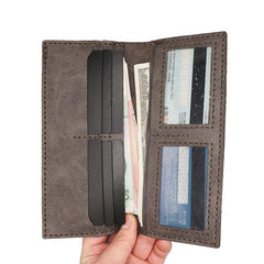 Handmade Slim Checkbook Wallet Coffee Leather Mens Bifold Long Wallet Lots Cards Long Wallet for Men