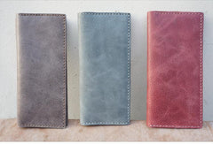 Handmade Slim Checkbook Wallet Coffee Leather Mens Bifold Long Wallet Lots Cards Long Wallet for Men