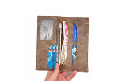 Handmade Slim Leather Mens Bifold Long Wallet Checkbook Wallet Lots Cards Long Wallet for Men
