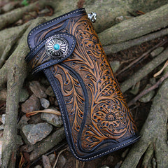 Handmade Tooled Blue Leather Floral Biker Chain Wallet Mens Long Wallet with Chain for Men