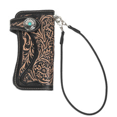 Handmade Tooled Green Leather Floral Biker Chain Wallet Mens Long Wallet with Chain for Men