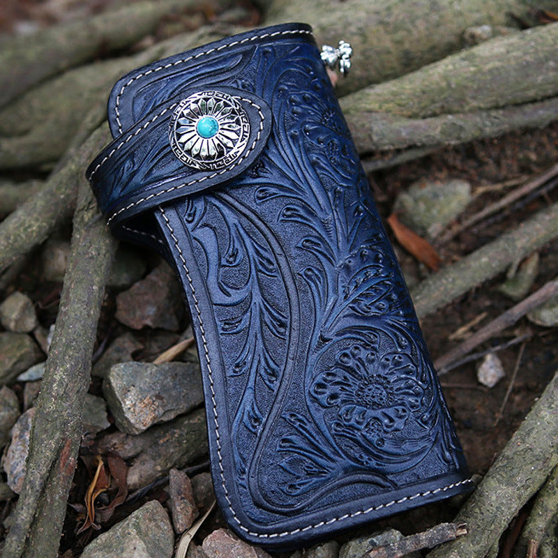 Handmade Tooled Tan Leather Floral Biker Chain Wallet Mens Long Wallet with Chain for Men