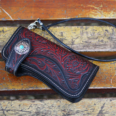 Handmade Tooled Red Leather Floral Biker Chain Wallet Mens Long Wallet with Chain for Men