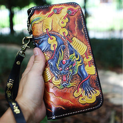 Handmade Tooled Mahākāla Leather Biker Chain Wallet Mens Long Wallet with Chain for Men