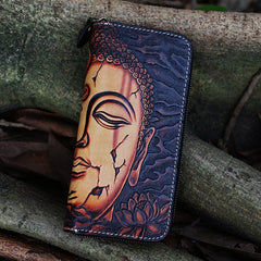 Handmade Tooled Mahākāla Leather Biker Chain Wallet Mens Long Wallet with Chain for Men