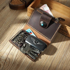 Handmade Vintage Blue Leather Mens Keys Holder Keys Cards Wallet With Coin Pocket for Men