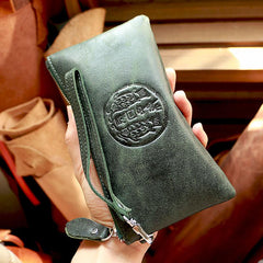 Vintage Black Leather Mens Phone Wallet Clutch Bag Wristlet Bag Zipper Long Wallet For Men