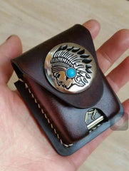 Leather Coffee Handmade Indian Mens Armor Zippo Lighter Case Zippo Lighter Holder with Belt Loop for Men