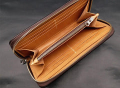 Handmade White Flowers Magnolia denudata Tooled Leather Womens Long Wallet Zipper Clutch For Women
