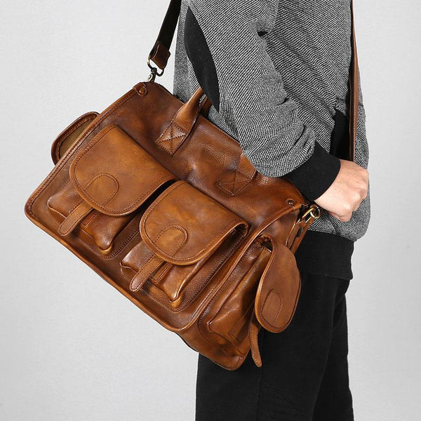 Handmade Genuine Leather Vintage Brown Mens Shoulder Bag Travel Bag Cool Messenger Bag Handbag for Men