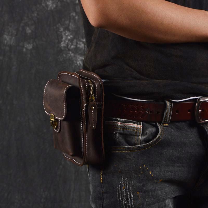 Vintage Brown Leather Men's Belt Pouch Cell Phone Holster Waist Bag Fo