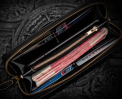 Handmade Leather Black Sharkskin Chain Wallet Mens Biker Wallet Cool Leather Wallet Long Phone Wallets for Men