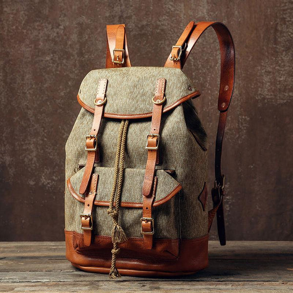 Handmade Leather Canvas Mens Cool Backpack Large Travel Bag Hiking Bag for Men