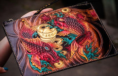 Handmade Leather Carp Tooled Wristlet Bag iPad Bag Mens Cool Leather Long Clutches for Men