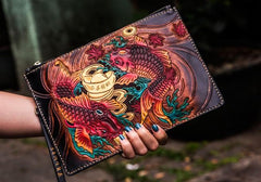 Handmade Leather Carp Tooled Wristlet Bag iPad Bag Mens Cool Leather Long Clutches for Men