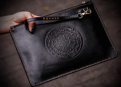 Handmade Leather Carp Tooled Wristlet Bag iPad Bag Mens Cool Leather Long Clutches for Men