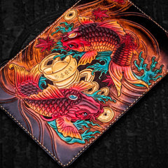 Handmade Leather Carp Tooled Wristlet Bag iPad Bag Mens Cool Leather Long Clutches for Men