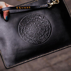 Handmade Leather Tibet Scriptures Tooled Wristlet Bags iPad Bag Mens Cool Leather Clutch for Men