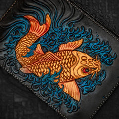 Handmade Leather Carp Tooled Wristlet Bag iPad Bag Mens Cool Leather Long Clutches for Men