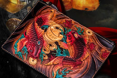 Handmade Leather Carp Tooled Wristlet Bag iPad Bag Mens Cool Leather Long Clutches for Men